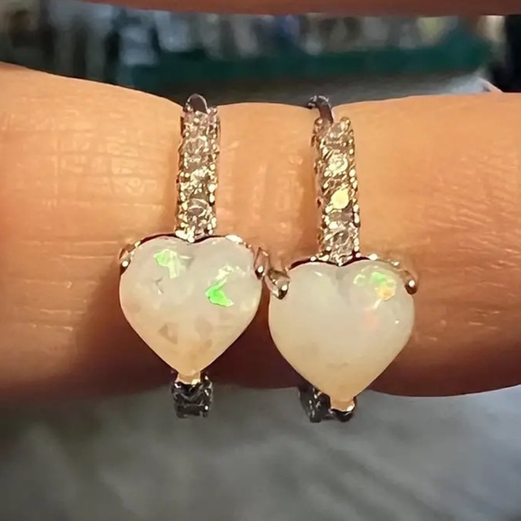 Heart Shaped Simulated Opal & Cubic Zirconia Hoop Lightweight, Dainty Earrings - Picture 5 of 7
